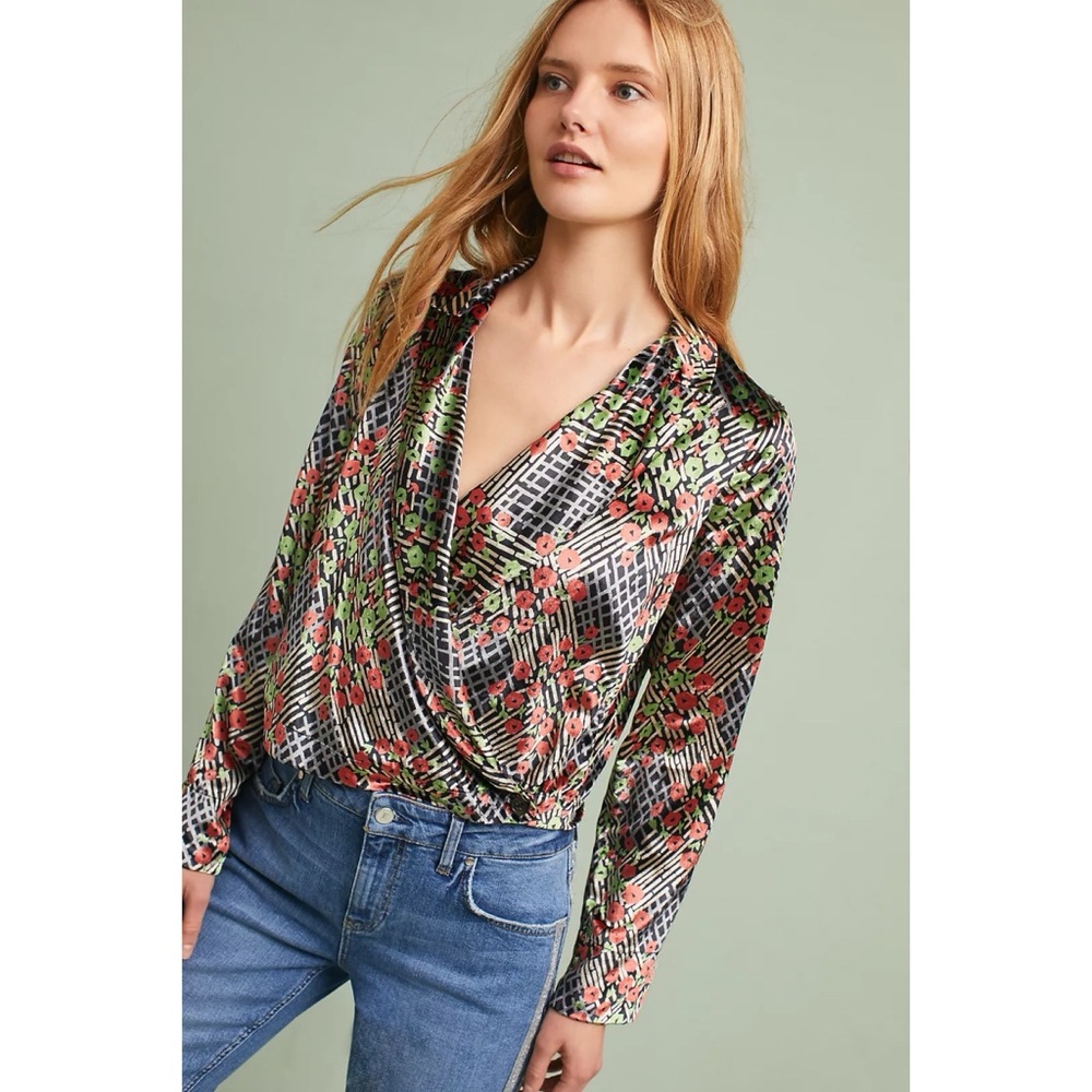 Anthropologie Black Floral Print Draped Blouse with Green and Coral Accents